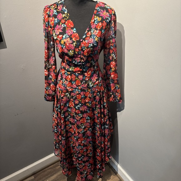 MSK Navy Multi Floral-Print Smocked Tiered Maxi Dress SzM Boho Cottagecore Fairy - Picture 1 of 14